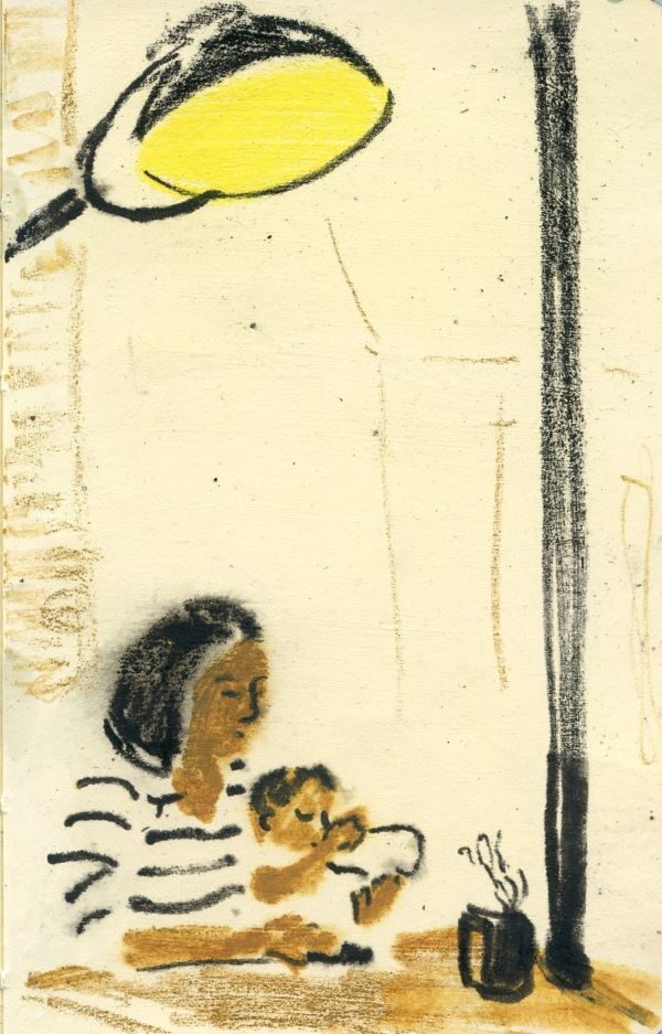 Sketch in tan and black of a woman feeding a baby at a table under a tall lamp